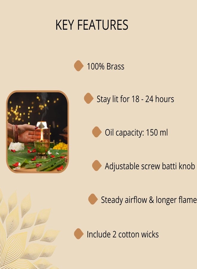 ServDharm Brass Akhand Jyot Diya with Adjustable Bati for Puja, Wick Adjustment Screw and Borosilicate Glass Cover I Medium, 150 ml Oil Capacity, Long Lasting 24 Hours Burning, Wicks Included - Image 4